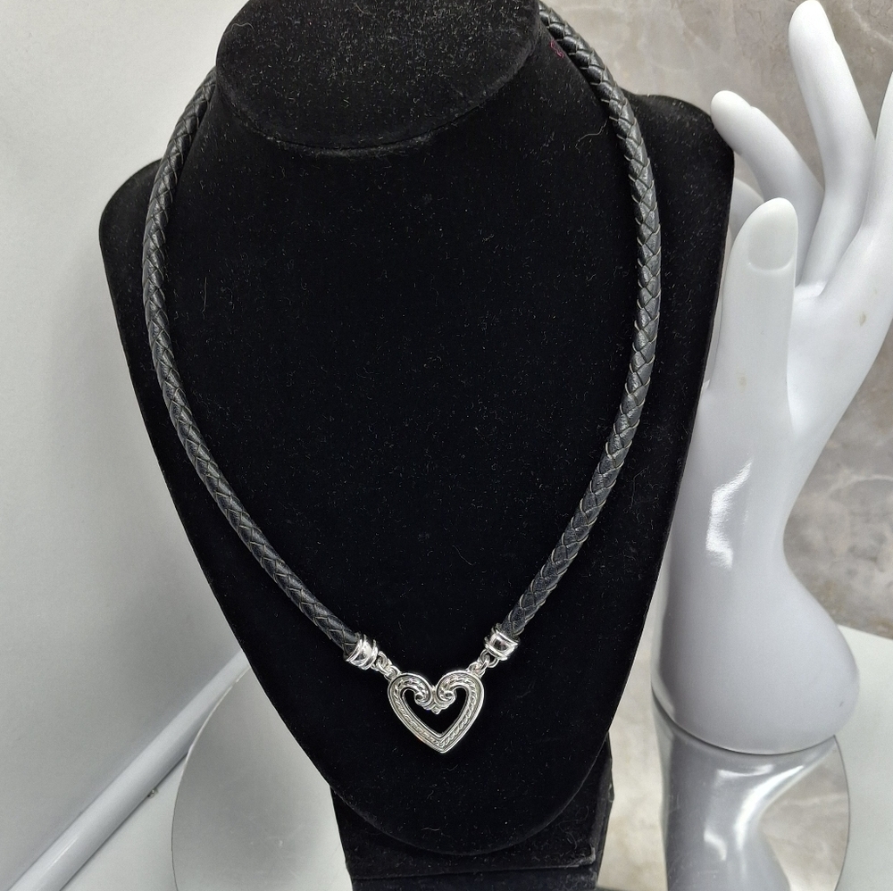 Premier Designs Silver Heart Charm Black Braided Leather Necklace W/ Extender 18